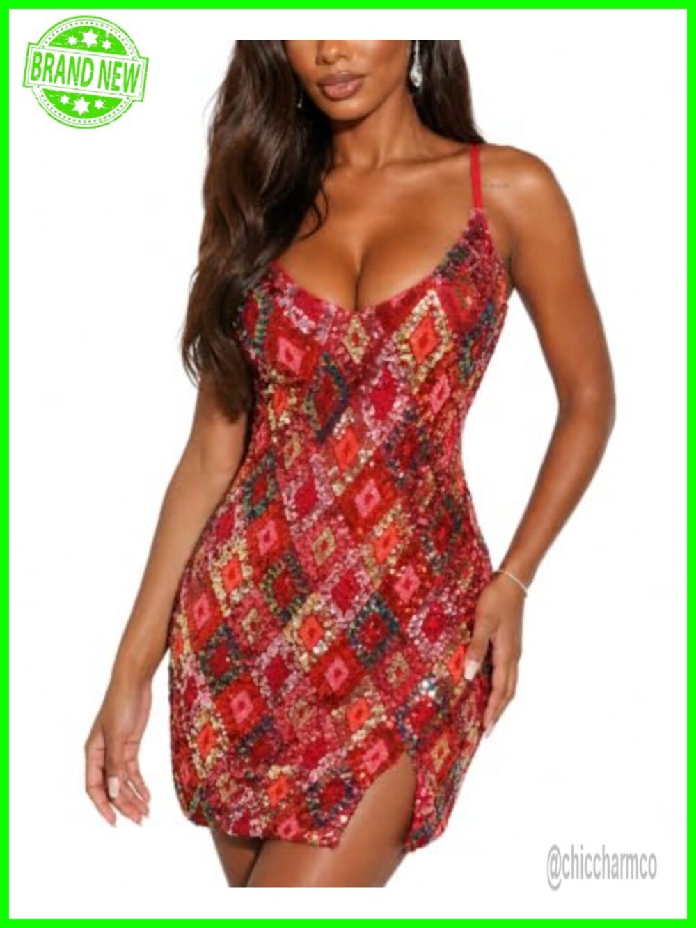 Sequin Mini Dress V Neck Bodycon Party Cocktail Sleeveless Lined